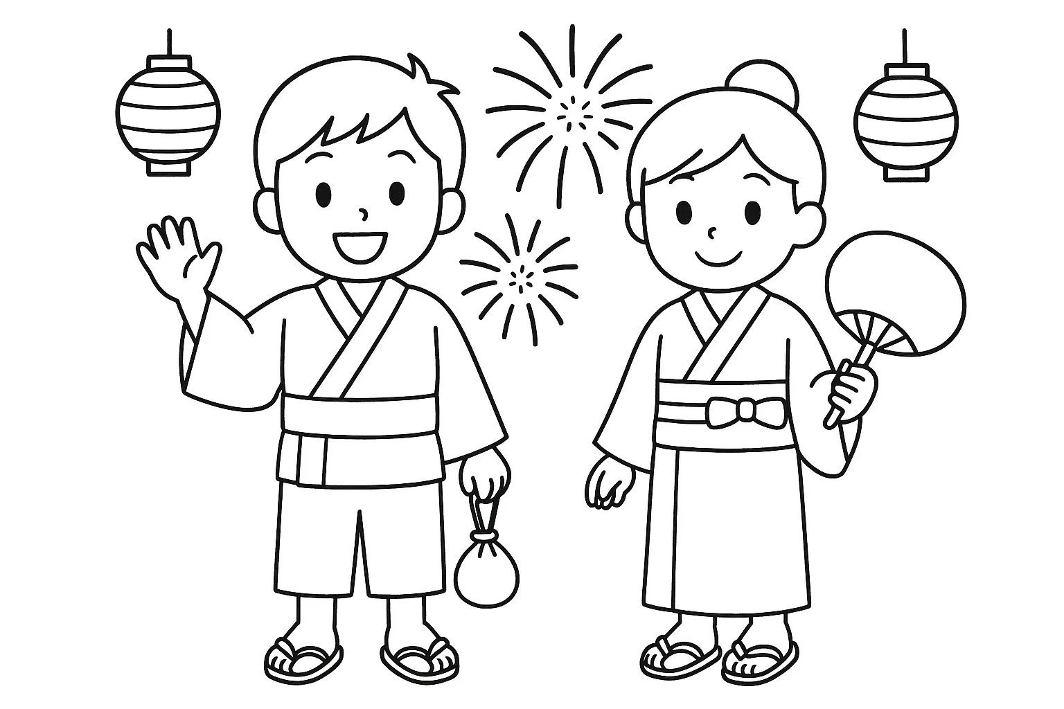 夏祭りの塗り絵：浴衣の子どもたち｜浴衣姿の子どもたちがヨーヨー釣りやかき氷を楽しむ場面を、シンプルな線で描きました。動きのある構図で、夏の思い出を想像しながら色付けできます。