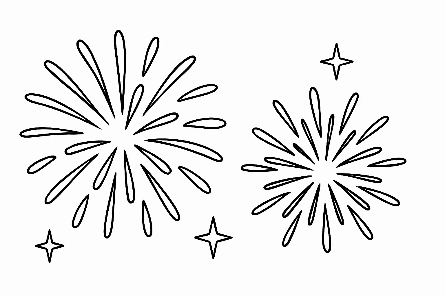 夏祭りの塗り絵：打ち上げ花火｜夏の夜空に大きく広がる打ち上げ花火を、丸や線のシルエットで表現した塗り絵です。星や街並みを加えて、背景との組み合わせを自由に楽しめます。