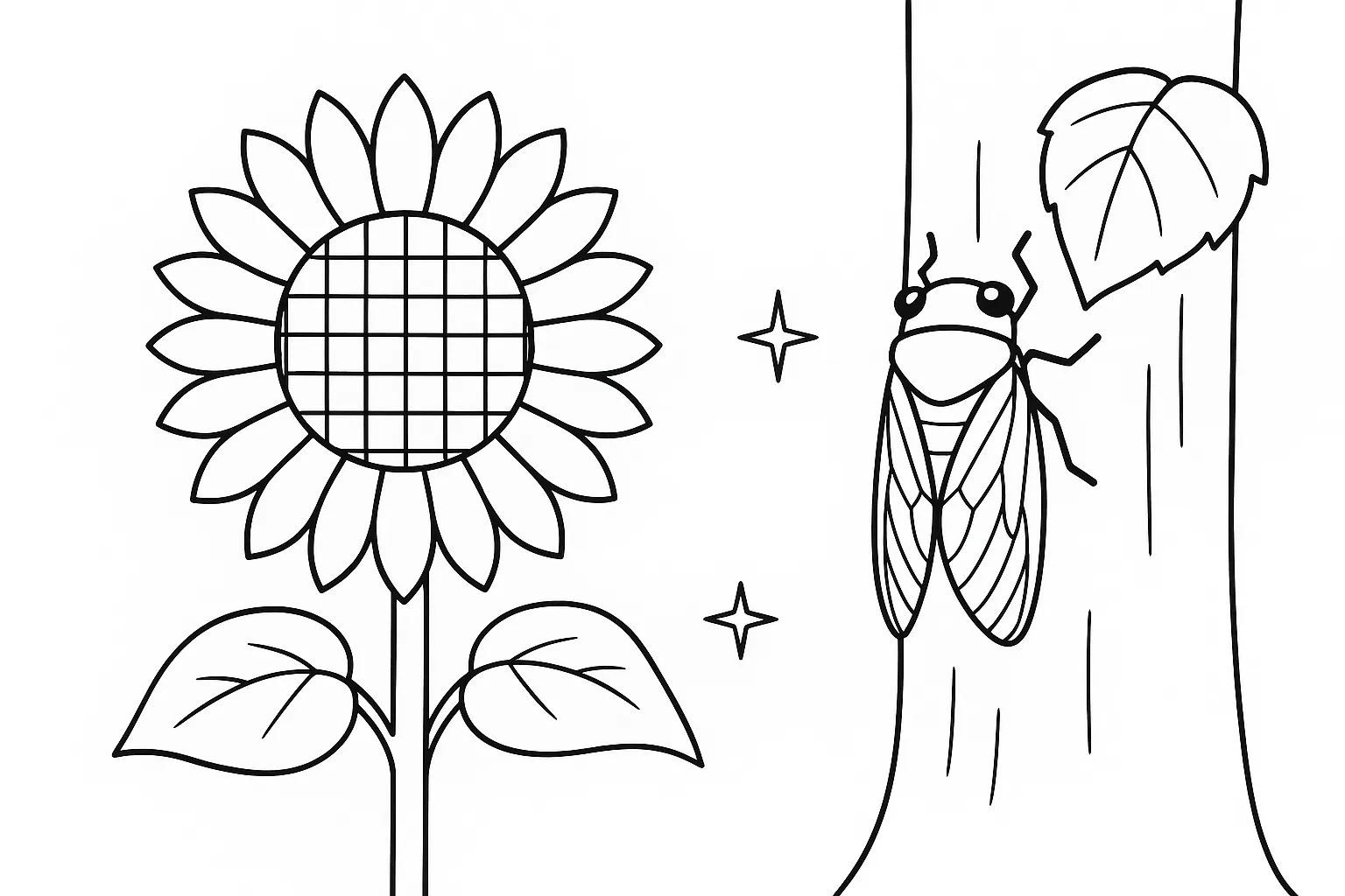 8月の塗り絵：ひまわりとセミ｜真夏の風景を代表するひまわりの花と、近くの木にとまるセミを描いた塗り絵です。自然観察や季節の移ろいを意識しながら色を塗ることができます。
