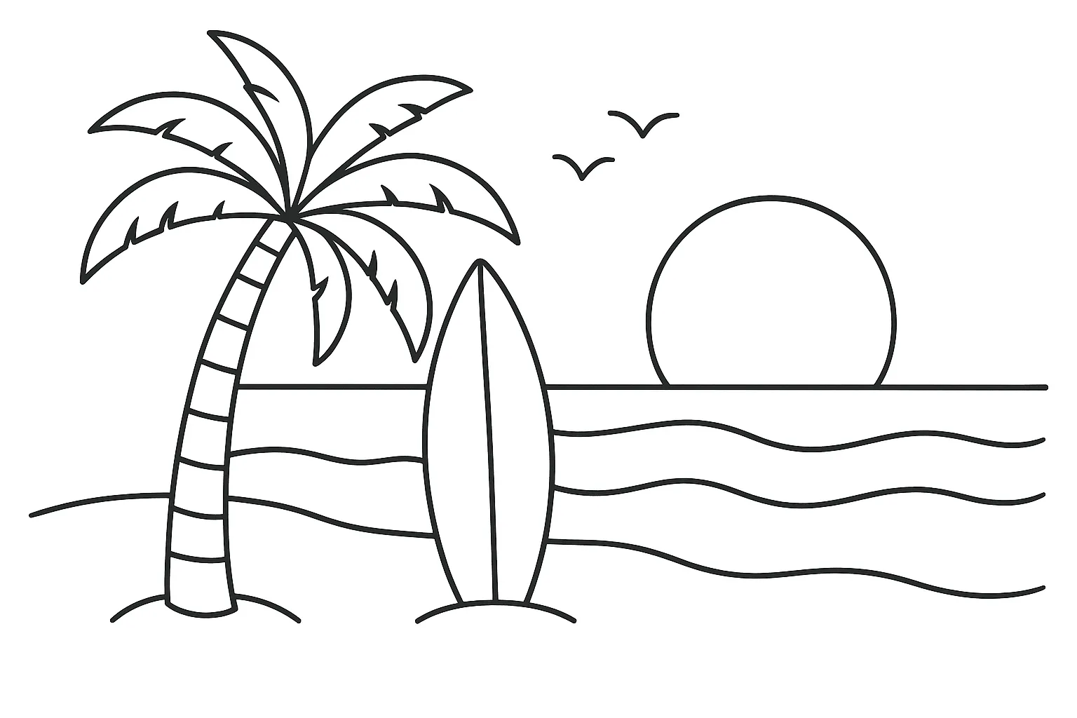 8月の塗り絵：海水浴のワンシーン｜浮き輪や水鉄砲で遊ぶ子どもたちと、砂浜・波が広がる夏らしい構図です。夏休みの楽しい思い出を塗り絵で表現することができます。