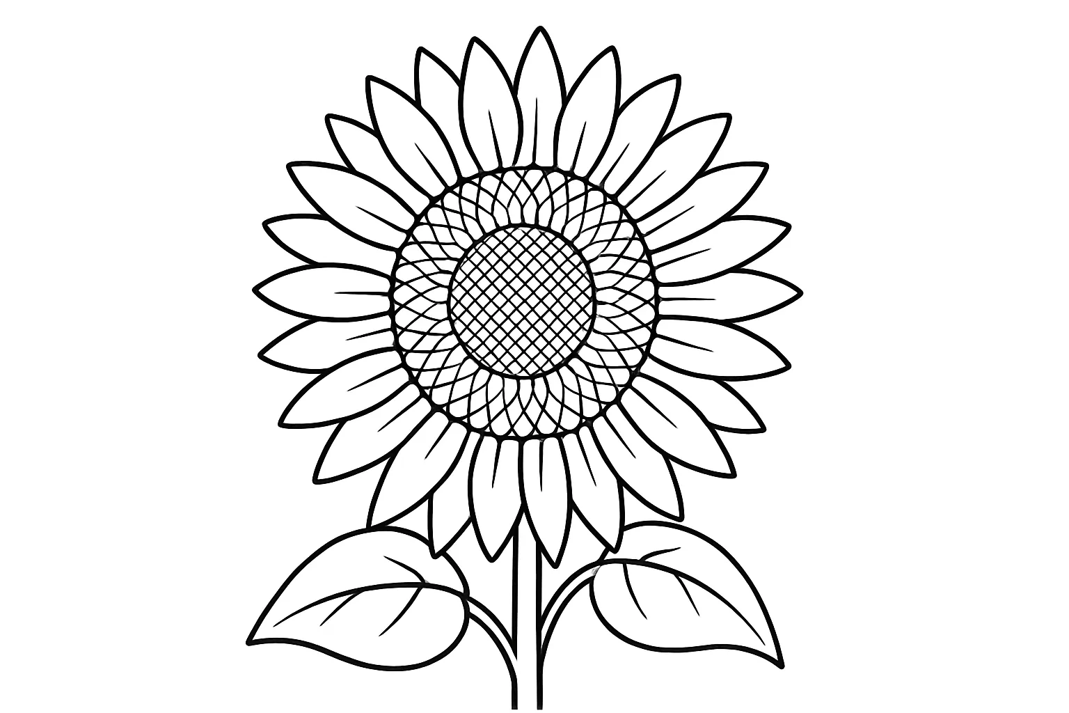 ひまわりの塗り絵：大輪のアップ構図｜画面いっぱいに広がる1本の大きなひまわりを正面から描いた構図です。花びらや中心部分の細かな形に注目して色塗りを楽しむことができます。