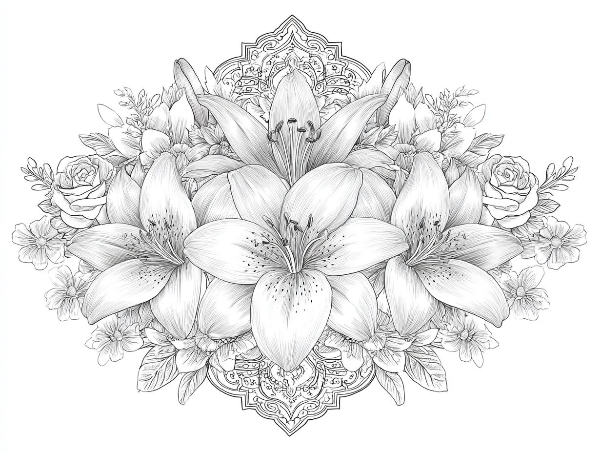 塗り絵 大人｜ユリと幾何模様の花飾り｜ユリを中心に花々と幾何模様が織りなすシンメトリーな構図。曲線と直線が混在し、「塗り絵 大人」として洗練されたバランス美を楽しめる静謐な一枚。