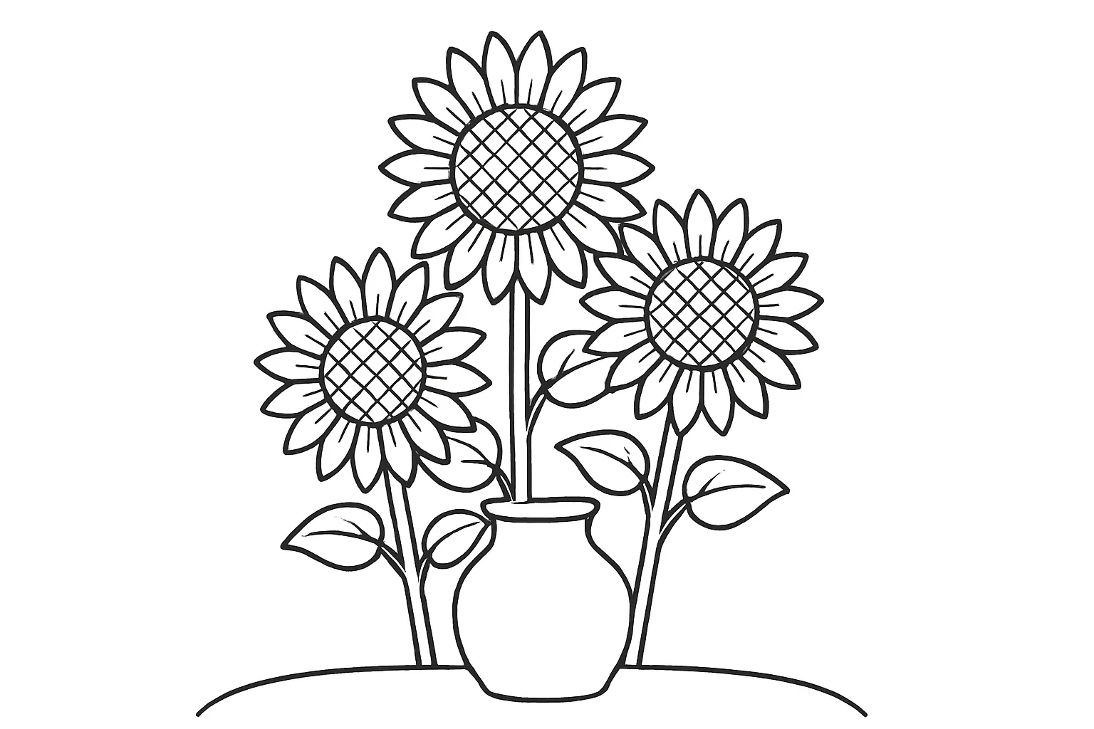 ひまわりの塗り絵：花瓶に生けたひまわり｜室内のインテリアとして花瓶に生けたひまわりを描いた塗り絵です。花の向きや葉のバランスがよく、静かな美しさを色で表現することができます。