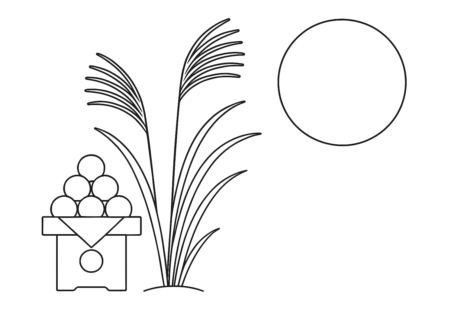 9月の塗り絵：お月見とススキ｜お月見団子と満月、そしてススキを組み合わせた構図です。秋の風情を感じられる要素が揃っており、行事への興味を引き出せます。