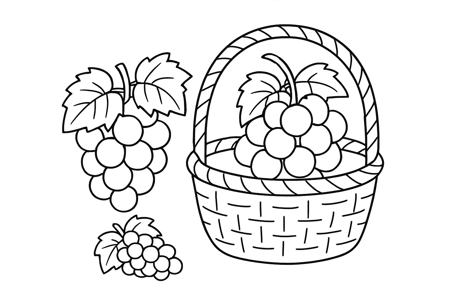9月の塗り絵：ぶどうと果物かご｜旬の果物であるぶどうを中心に、果物かごに盛られた秋の味覚を描いた塗り絵です。形や模様を丁寧に塗り分ける楽しさがあります。