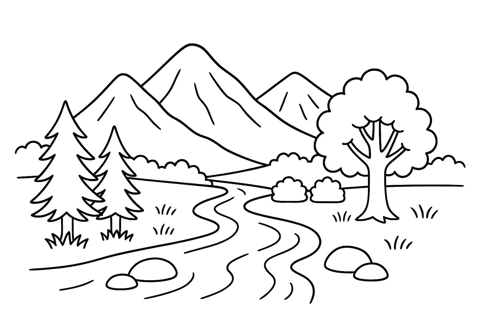風景の塗り絵：山と川の自然風景｜遠くに山並み、手前に流れる川や木々が描かれた自然豊かな風景です。季節の表現や水の動きなどを自由に塗って自然観察にもつながります。