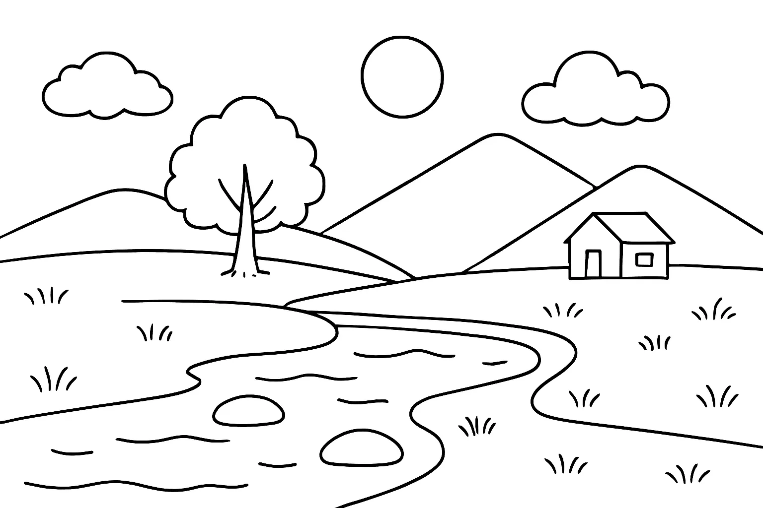 風景の塗り絵：夕焼けの海辺と灯台｜海に沈む夕日と小さな灯台が並ぶロマンチックな風景です。波の動きや空の広がりを想像しながら、構図全体を楽しく色づけできます。