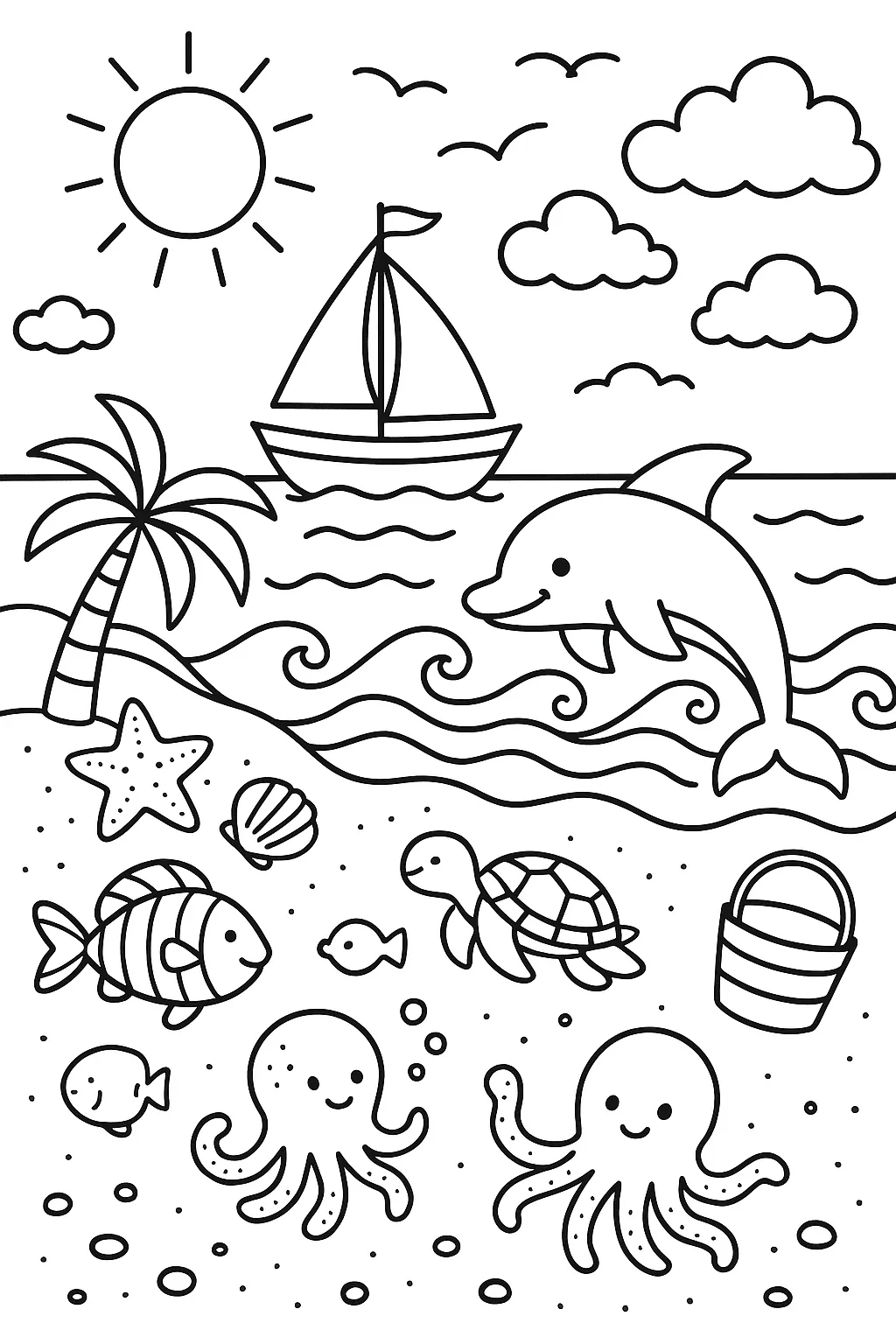海の塗り絵：イルカが泳ぐ海の中｜水中を泳ぐイルカと海藻、小さな魚たちを描いた構図です。流れる水の動きや生き物の形を楽しく観察しながら塗ることができます。