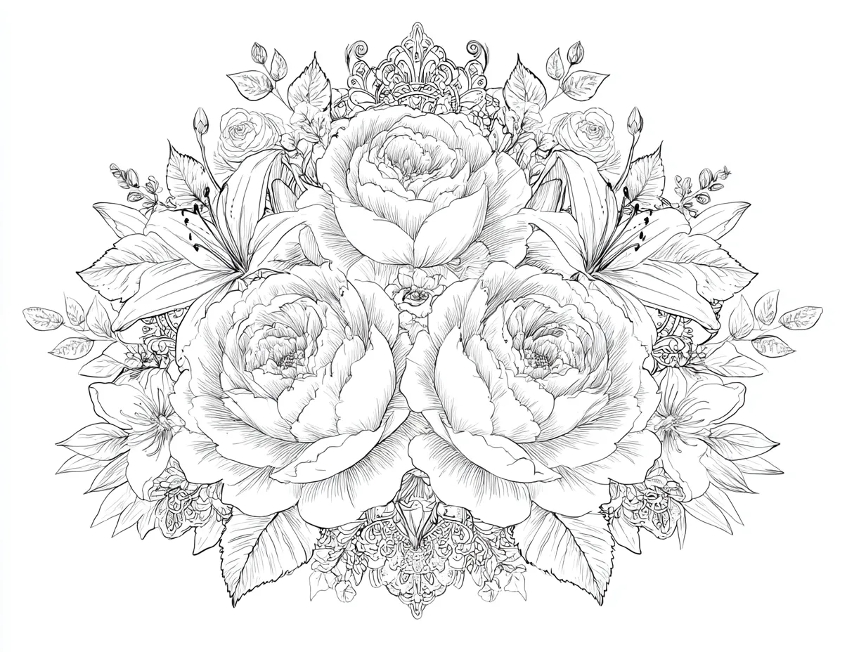塗り絵 大人｜大輪の薔薇と百合の装飾｜大きく咲いた薔薇と百合の花が重なり合う華やかな構成。緻密な線と豊かな花弁の重なりが特徴で、「塗り絵 大人」として贅沢な彩色体験を提供する。