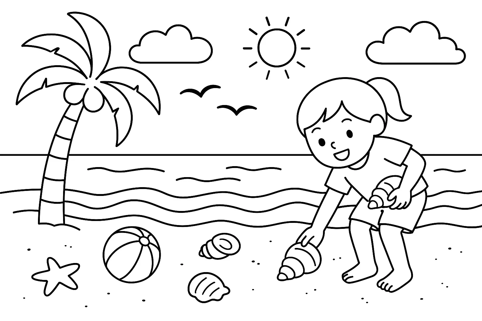 海の塗り絵：ビーチと貝がら拾い｜浜辺で貝を拾う子どもや、ヤシの木・ビーチボールなどが並ぶ夏の砂浜風景です。身近な海辺のシーンとして親しみやすく塗れます。