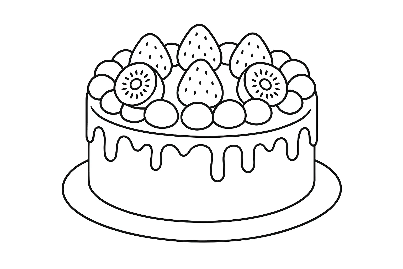 ケーキの塗り絵：ホールケーキとフルーツ飾り｜いちごやキウイがのった丸いホールケーキを正面から描いた構図です。トッピングの彩りを自由に想像して塗る楽しさがあります。