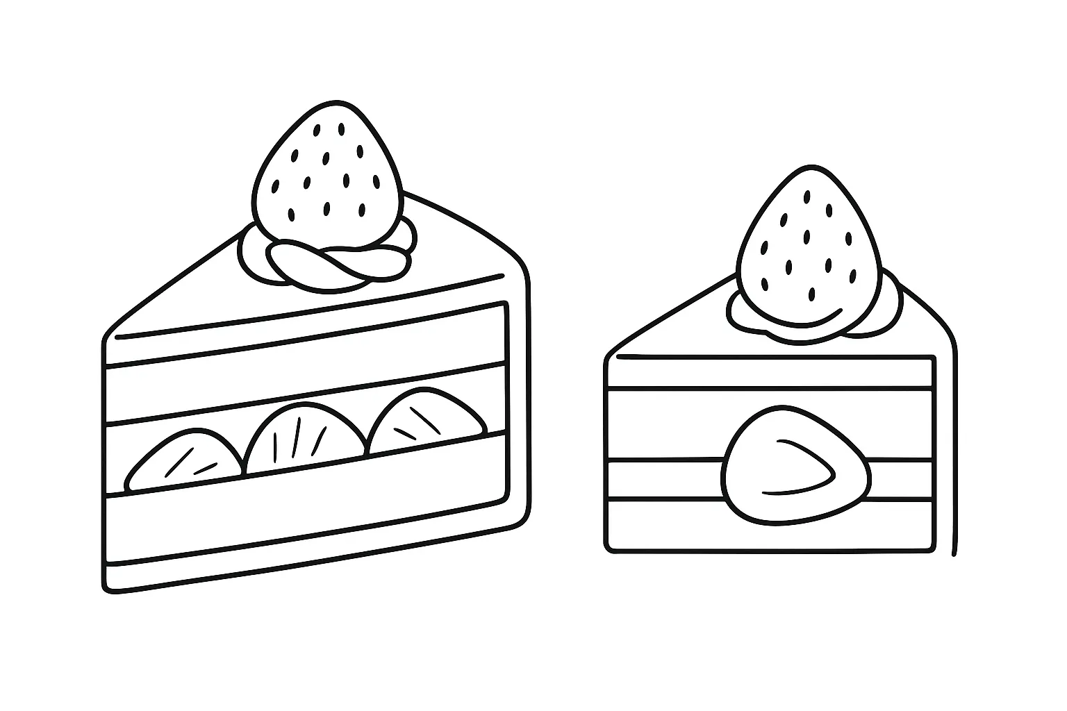 ケーキの塗り絵：ショートケーキとカット断面｜カットされた三角形のショートケーキを大きく描き、スポンジやクリーム層がわかる構図です。食べ物の構造に興味を持つきっかけにもなります。