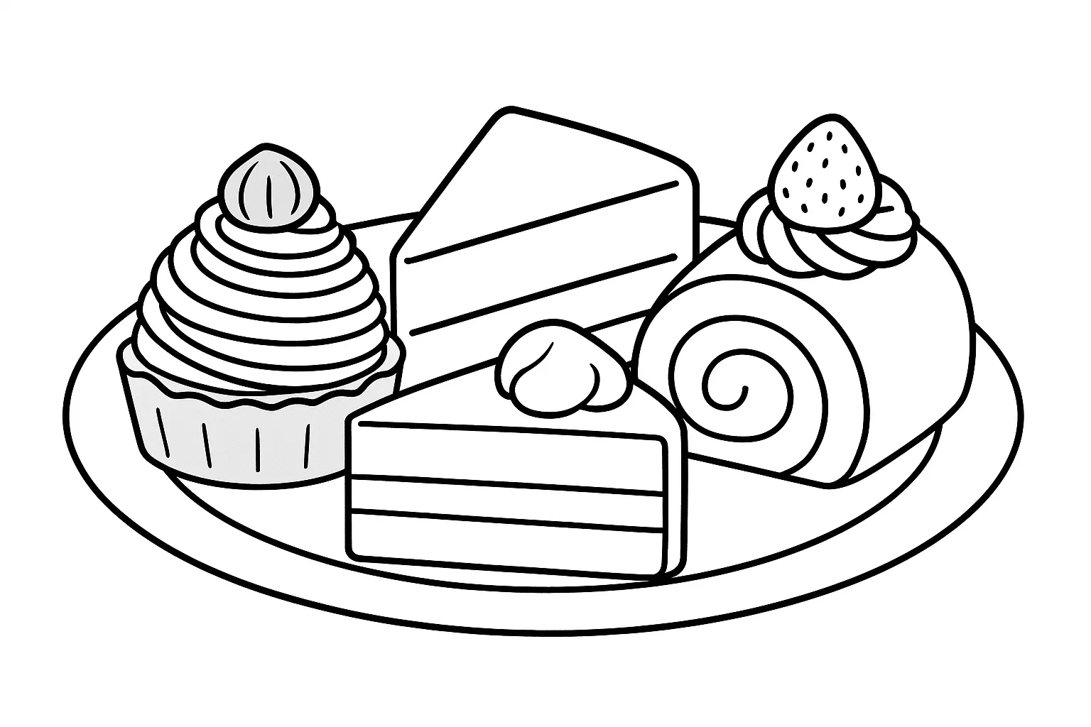 ケーキの塗り絵：いろいろなケーキの盛り合わせ｜モンブラン、チーズケーキ、ロールケーキなどが並んだバラエティ豊かな一皿を描いています。形や模様の違いを観察しながら塗る楽しみがあります。