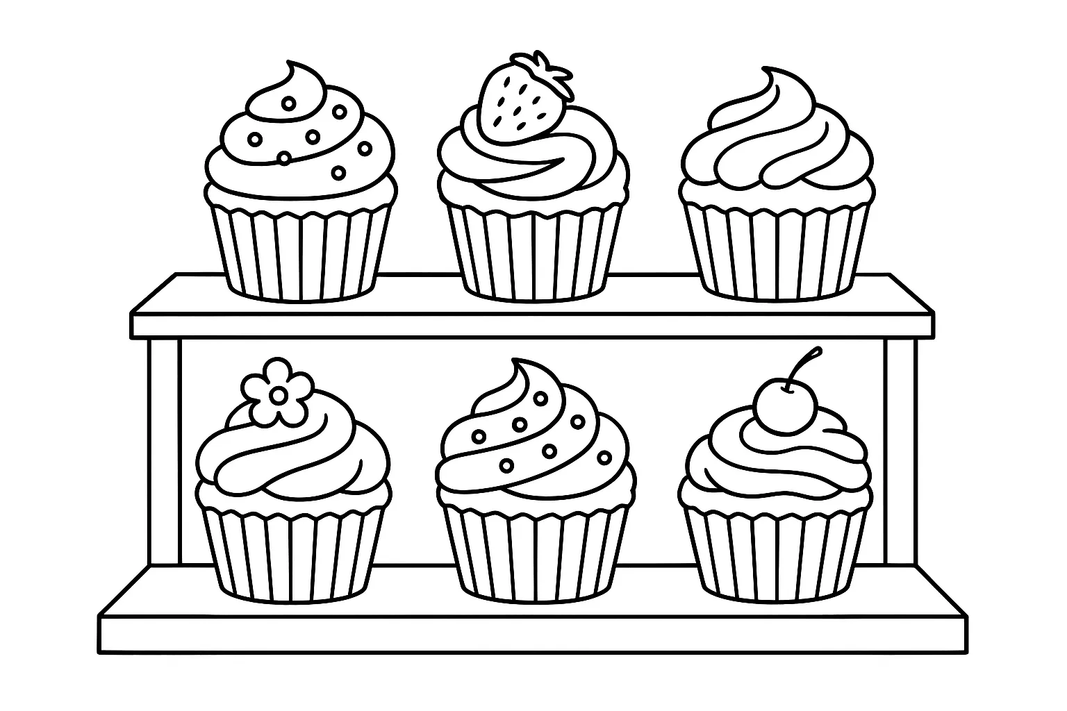 スイーツの塗り絵：カップケーキの棚ディスプレイ｜カップケーキが段違いの棚に並ぶ可愛らしい構図です。デコレーションの違いを楽しみながら塗ることができます。