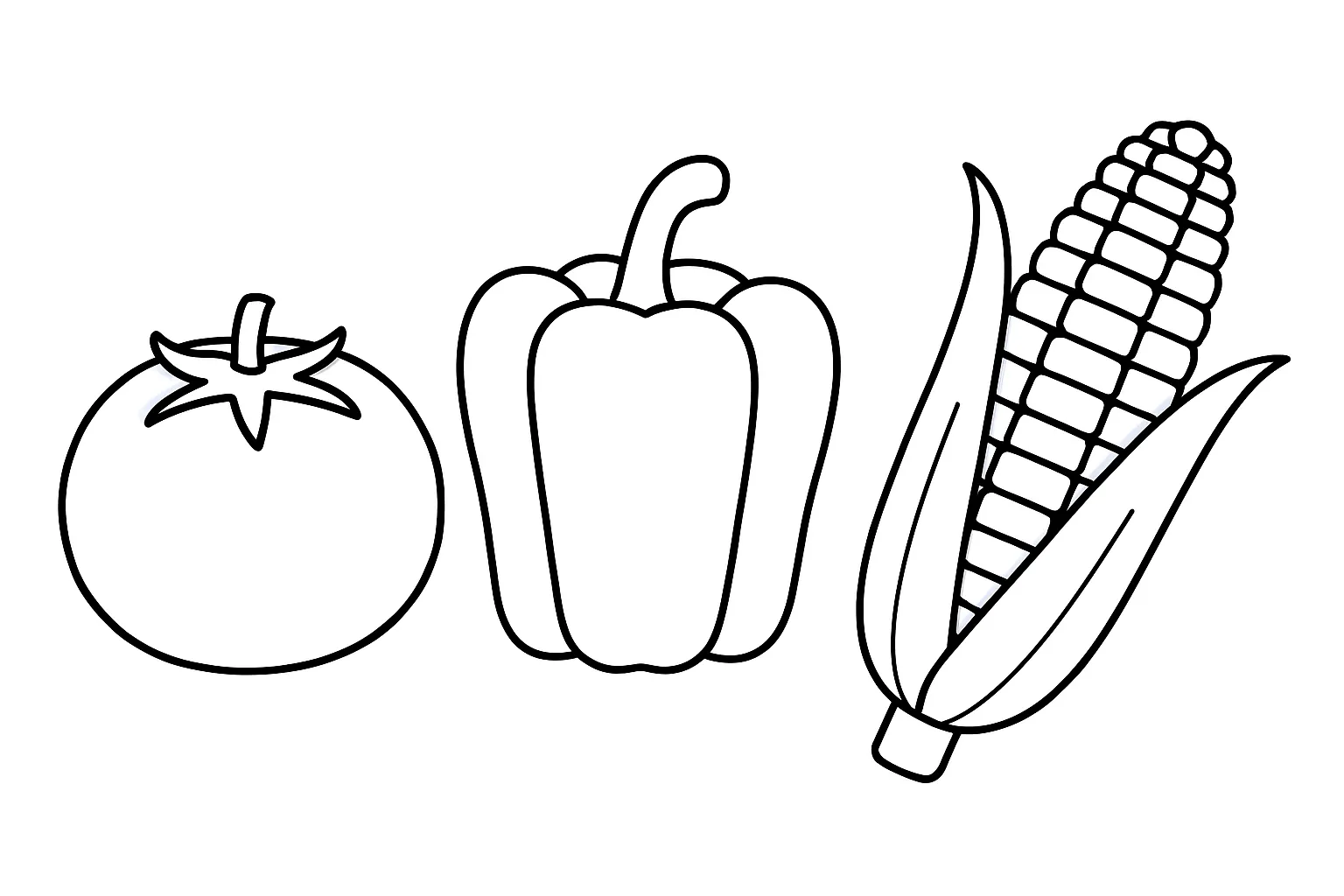 野菜の塗り絵：トマト・ピーマン・とうもろこし｜赤・緑・黄色とカラフルに塗れる野菜が並ぶ塗り絵です。特徴のある形を強調して描かれており、楽しく色彩感覚を育てられる構図です。