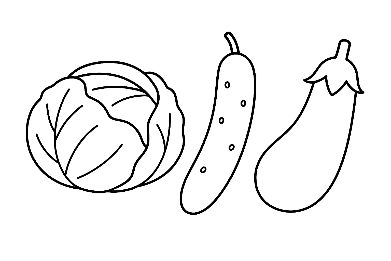 野菜の塗り絵：キャベツ・きゅうり・なす｜葉物と実野菜の組み合わせで、野菜の育ち方の違いに注目できる塗り絵です。曲線や葉の形が面白く、ていねいに塗る楽しさを味わえます。