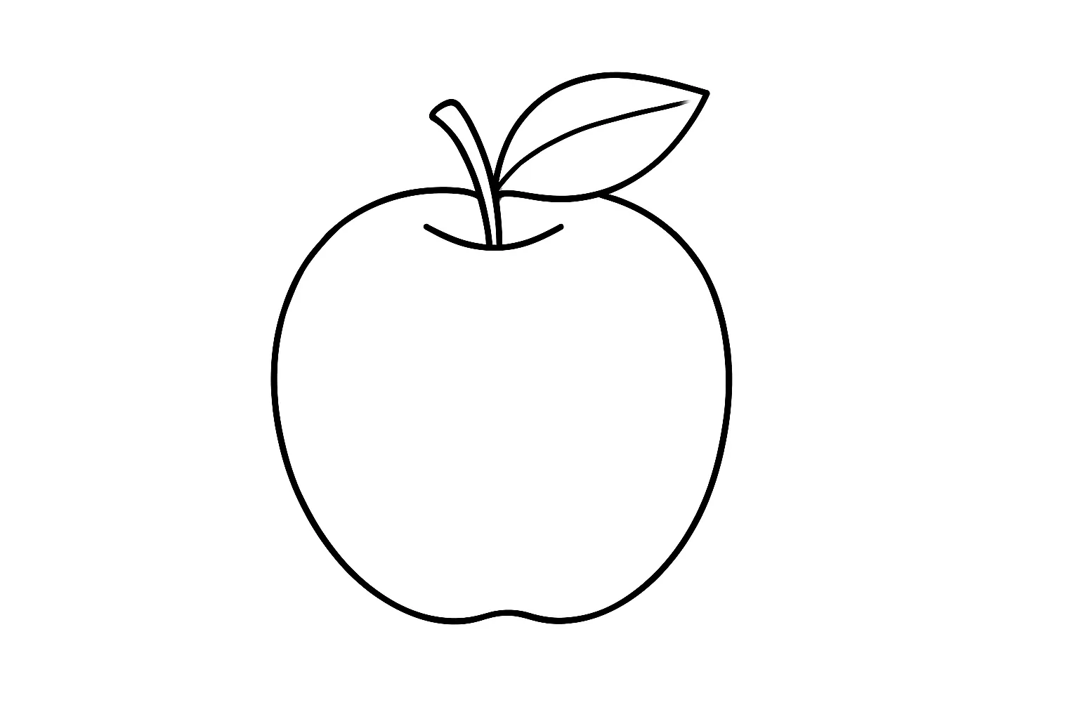 りんごの塗り絵：まるごとのりんご｜シンプルなまんまるのりんごを中央に描いた塗り絵です。へたと葉っぱも添えられており、形をよく見て塗る楽しさがあります。赤・青・黄など自由に色分けもできます。
