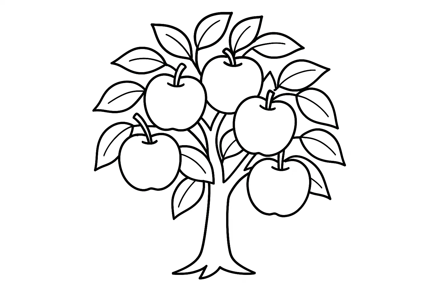 りんごの塗り絵：木に実るりんご｜りんごの木の枝に実がついている様子を描いた塗り絵です。葉や枝と合わせて自然の中の姿を知ることができ、塗り分けによって季節感も広がります。