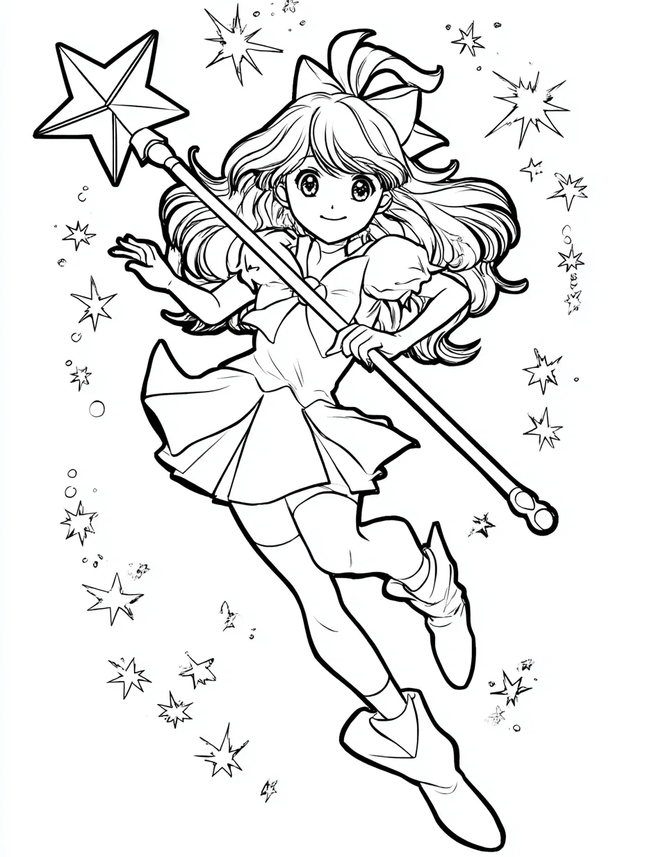 塗り絵 アニメ 星をまとう元気な魔法少女｜星やリボンをあしらった元気な魔法少女が大きな杖を掲げて飛び跳ねるデザイン。ポップで親しみやすく、塗り絵 アニメの楽しい雰囲気を体感できる。