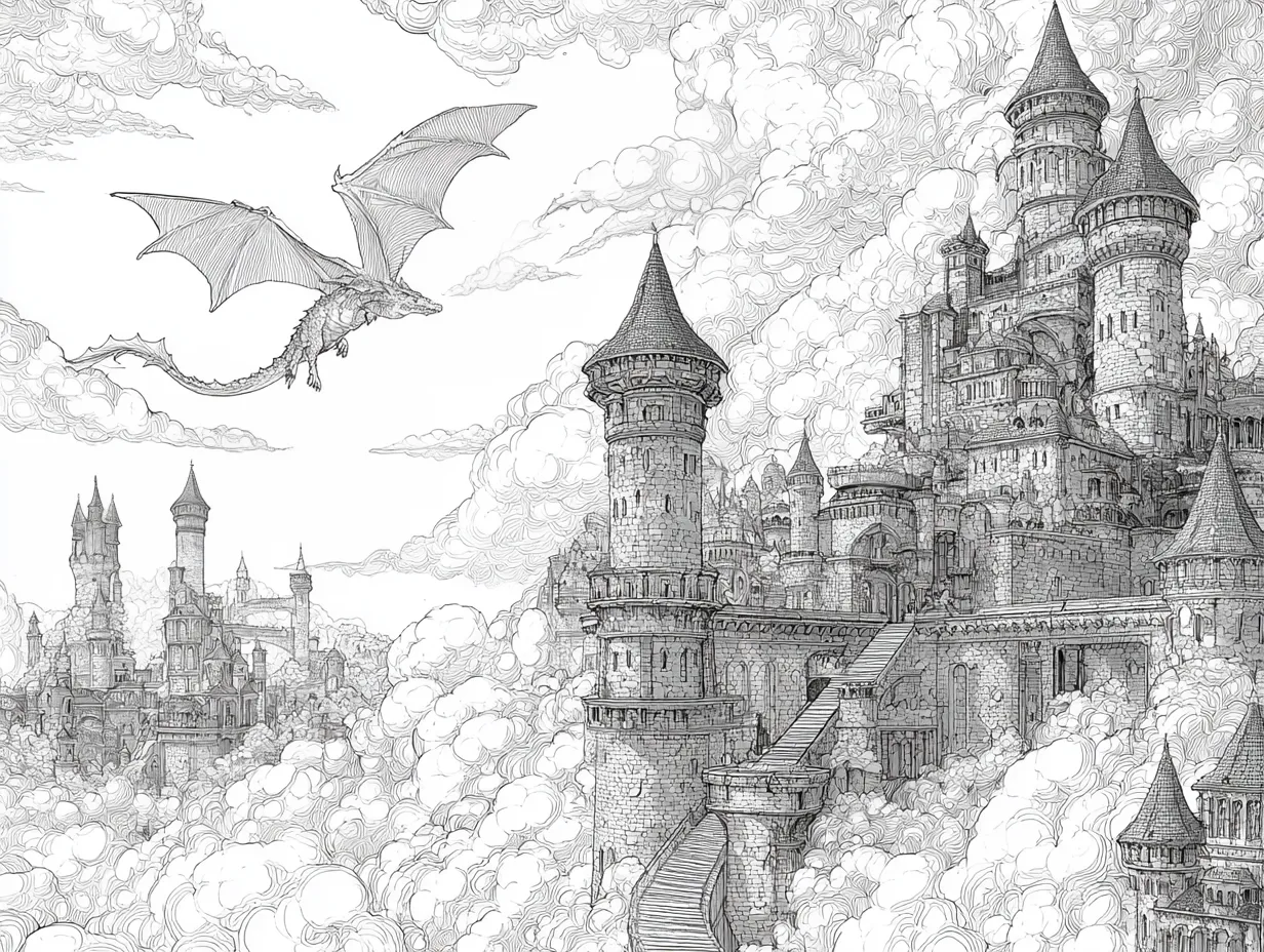 難しい塗り絵：空飛ぶドラゴンと雲上の城｜ファンタジックな城と雲の海、ドラゴンが舞う壮大な構図。曲線の重なりや雲の繊細な線描が特徴で、難しい塗り絵として高度な描写力を求められる。