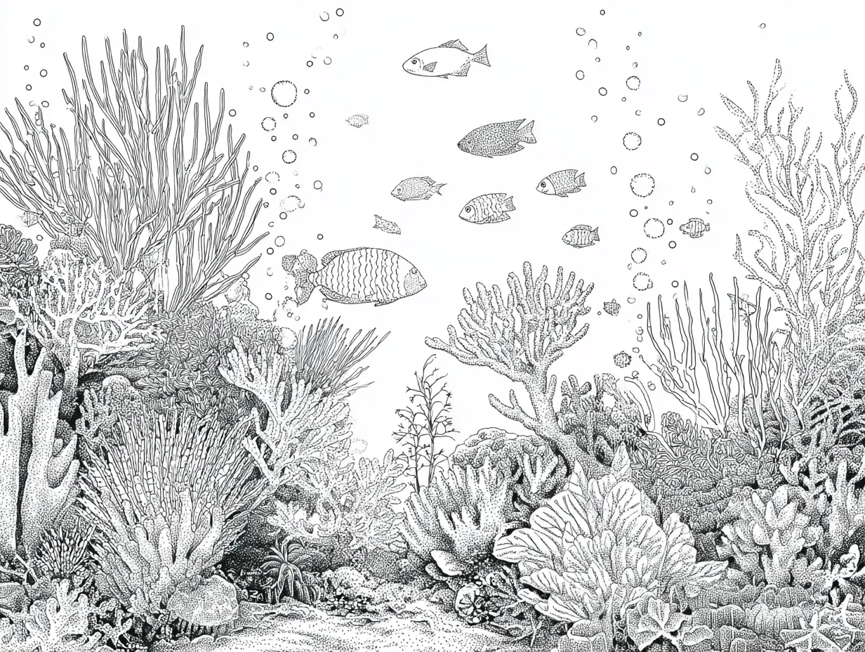 難しい塗り絵：サンゴ礁と海の生き物たち｜サンゴや魚たちが画面全体を覆い、自然界の複雑な形状とパターンが詳細に描かれる。微細な点描と濃淡で構成された難しい塗り絵。