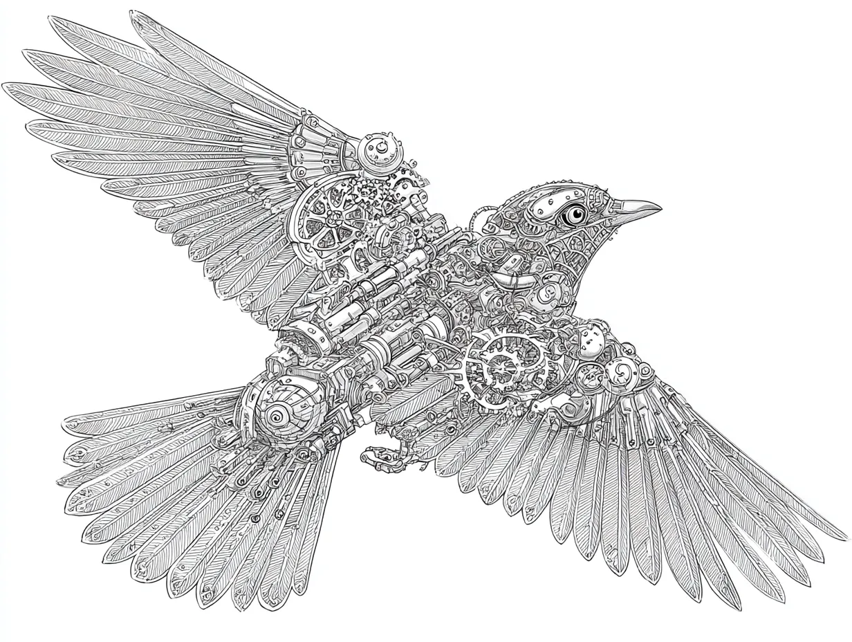 難しい塗り絵：機械仕掛けの鳥｜歯車や配線を組み合わせたスチームパンク風の鳥がモチーフ。工業的かつ芸術的な線構成が重なり、難しい塗り絵として独特な緻密さを持つ。