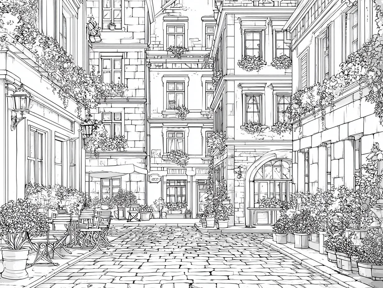 細かい塗り絵：中庭のフレンチカフェ｜細い線で描かれた植栽や石畳が印象的なヨーロッパの中庭風景。窓や家具の装飾も繊細で、細かい塗り絵としてじっくり時間をかけたくなる構図。