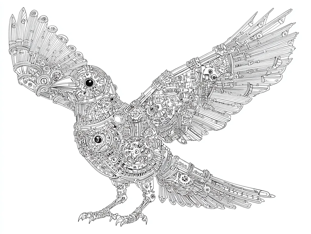 細かい塗り絵：羽ばたく機械鳥｜鳥の体を構成する無数の歯車や回路パターンが入り組んでおり、工学的要素と自然の融合が魅力的な細かい塗り絵となっている。