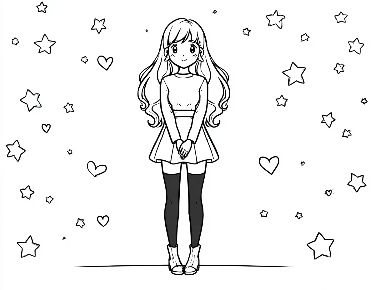 塗り絵 アニメ 素朴でかわいい少女の佇まい｜無邪気な表情の少女がシンプルな背景に立つ構図で、初心者にも塗りやすい構成。柔らかであたたかい空気感が塗り絵 アニメの入門にぴったり。