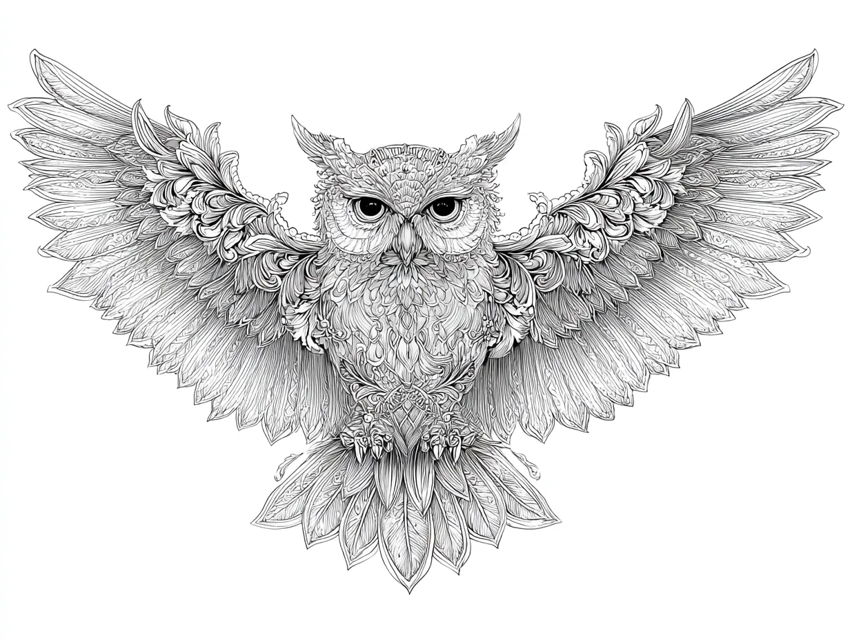 細かい塗り絵：翼を広げたフクロウ｜羽や胸元にびっしりと刻まれた模様が重厚な存在感を放つ。自然と装飾の調和が美しい細かい塗り絵で、集中力を高めてくれる。