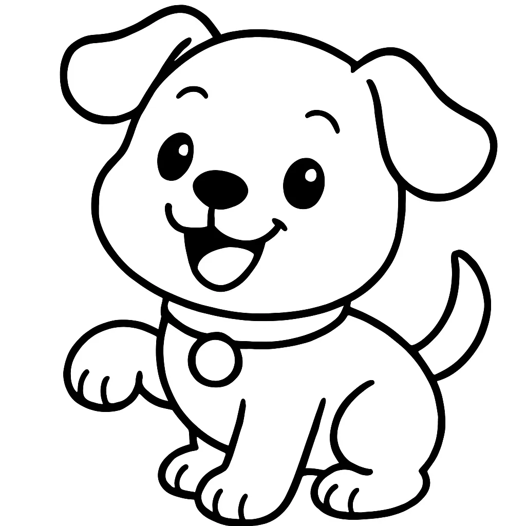 簡単塗り絵：笑顔の子犬｜太く丸い輪郭で描かれた表情豊かな子犬がモチーフ。パーツも少なくはっきりしていて、初心者や子どもに向けた簡単塗り絵にぴったり。