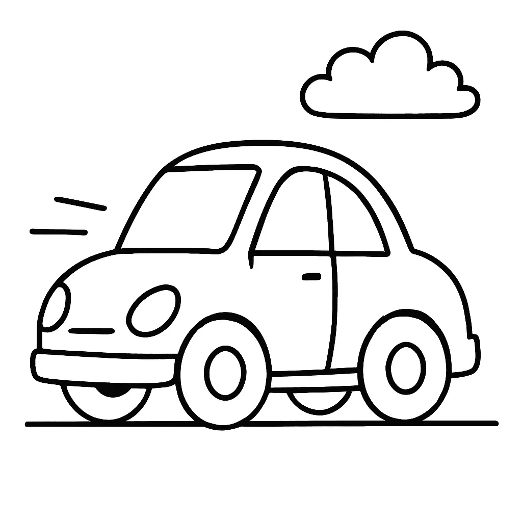 簡単塗り絵：かわいい車と雲｜柔らかなカーブで描かれた車と雲の組み合わせ。要素が少なく空間も広いため、初めての簡単塗り絵におすすめ。