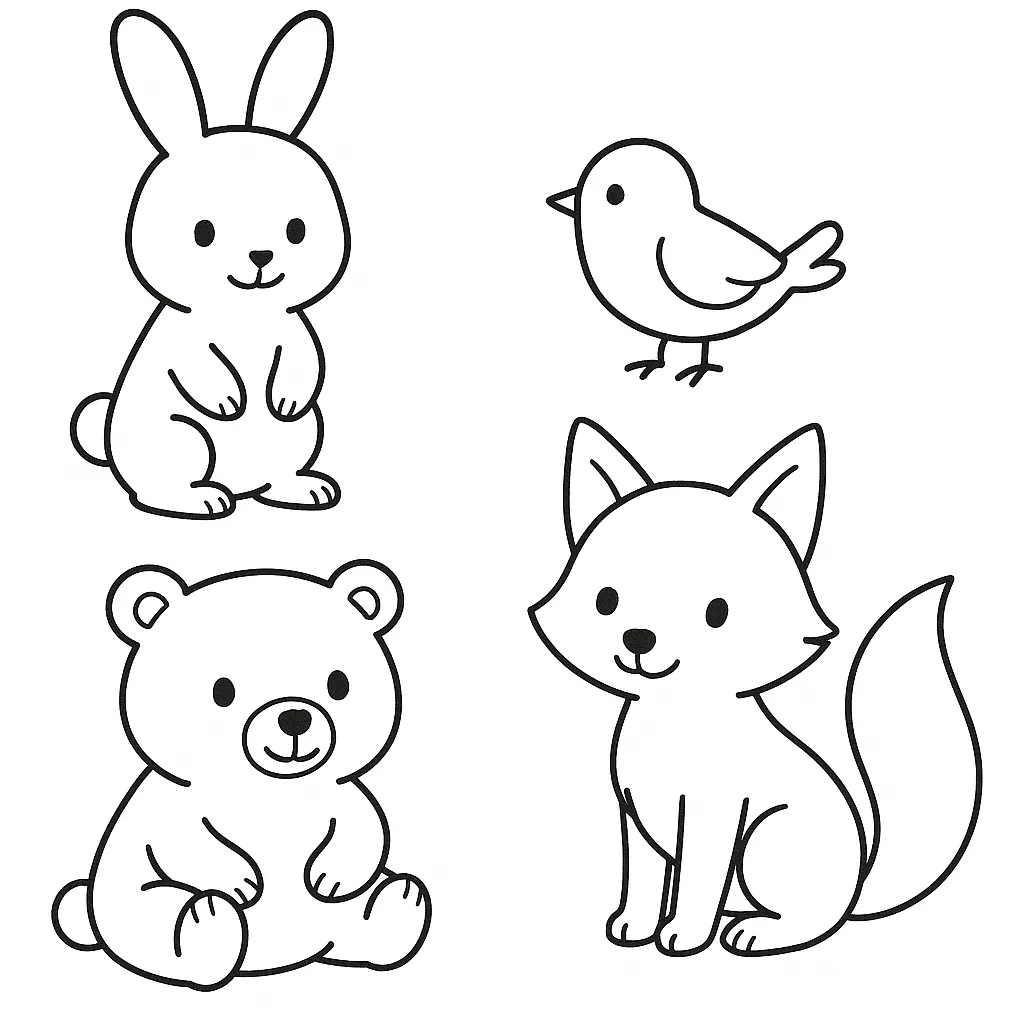 簡単塗り絵：動物たちの仲間たち｜うさぎ・くま・きつね・小鳥といったキャラクター風動物たちが登場。線が太く数も限られていて、気軽に塗れる簡単塗り絵。