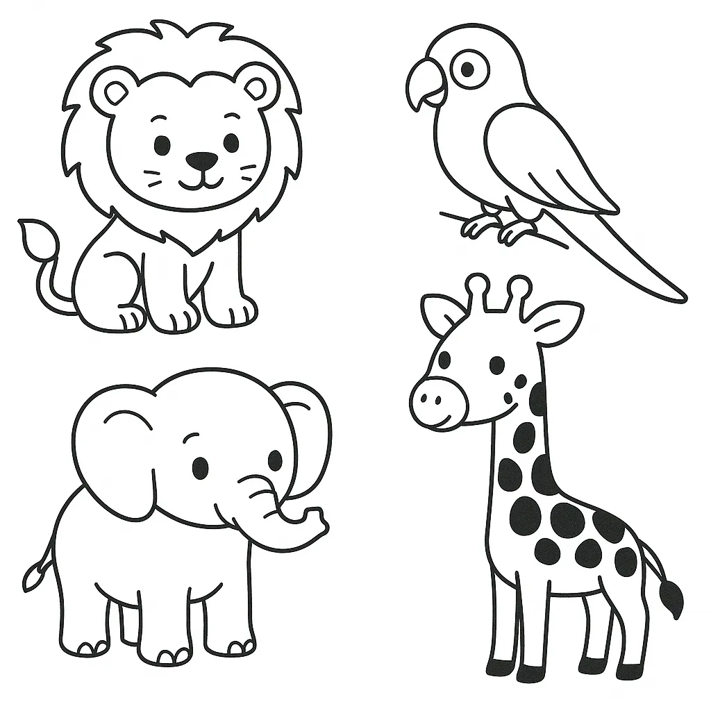 簡単塗り絵：どうぶつえんの仲間たち｜ライオン、ゾウ、キリン、インコなど人気動物が揃う構図。シンプルで可愛らしいデザインが子ども向けの簡単塗り絵に最適。