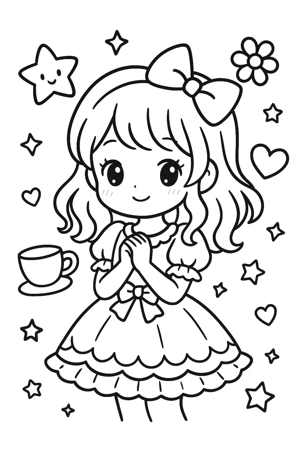 かわいい塗り絵：リボンの女の子｜大きなリボンとふんわりした髪型が特徴の少女。星やハートがちりばめられ、華やかで夢かわいい印象のかわいい塗り絵。