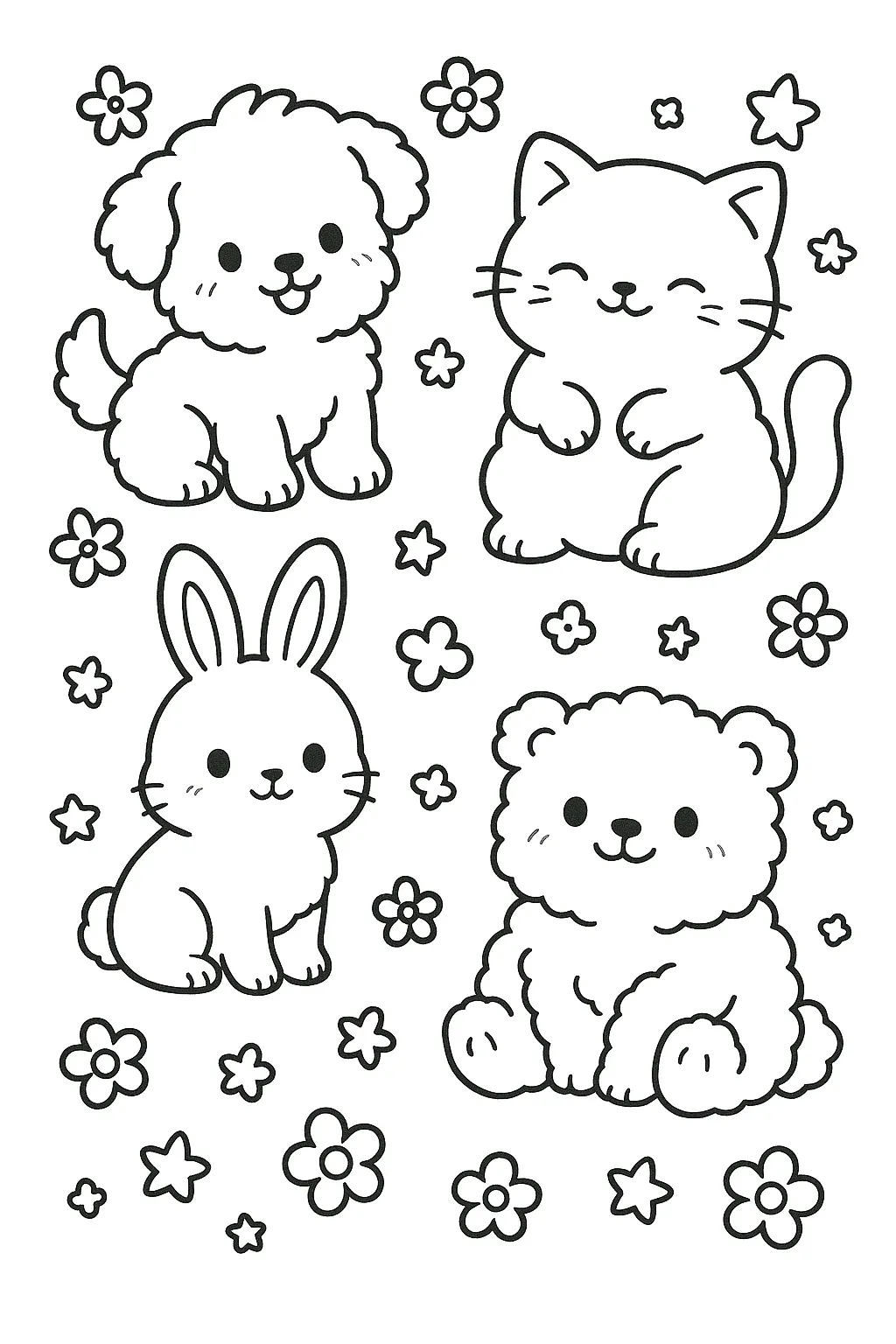 かわいい塗り絵：やさしい動物たち｜ふわふわ感あふれる犬、猫、うさぎ、くまが勢揃い。小さな花や星で囲まれた癒し系モチーフのかわいい塗り絵。