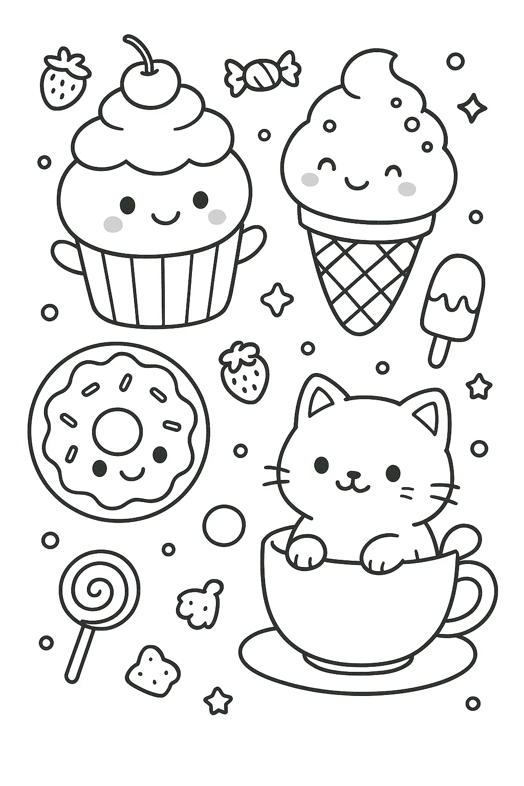 かわいい塗り絵：スイーツとねこ｜ドーナツやアイスクリームがにっこり顔で登場し、カップからひょっこり顔を出す猫が愛らしい、ポップなかわいい塗り絵。