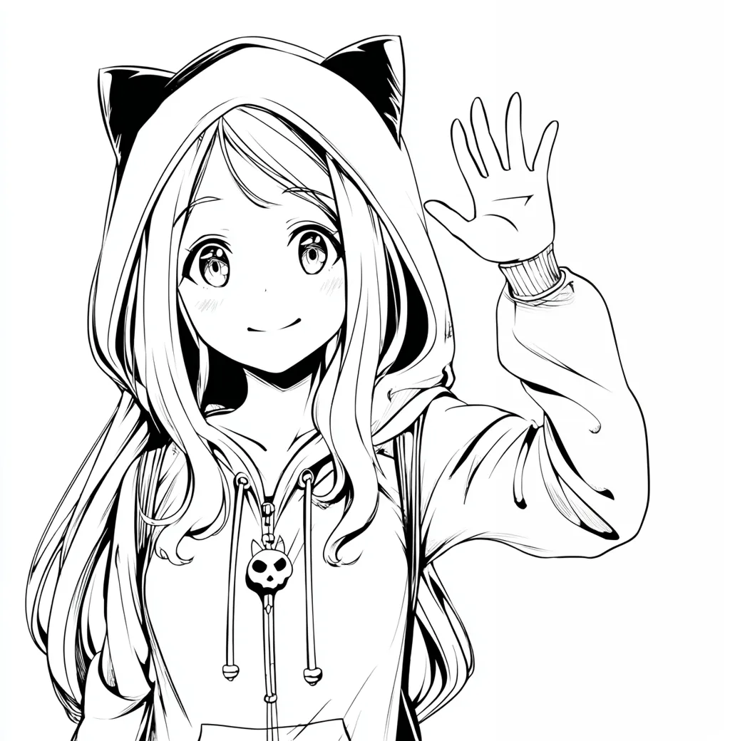 塗り絵 線画｜猫耳パーカーの少女｜ゆるふわな猫耳パーカーを着た少女が手を振るポーズで描かれており、柔らかな曲線と親しみやすい瞳が印象的。カジュアルな服装と明るい笑顔が「塗り絵 線画」にぴったりの親近感ある雰囲気を演出。