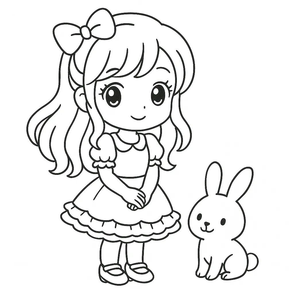 かわいい塗り絵：うさぎと女の子｜優しい表情の女の子とうさぎが寄り添う構図。シンプルな線と柔らかい雰囲気が魅力のかわいい塗り絵。
