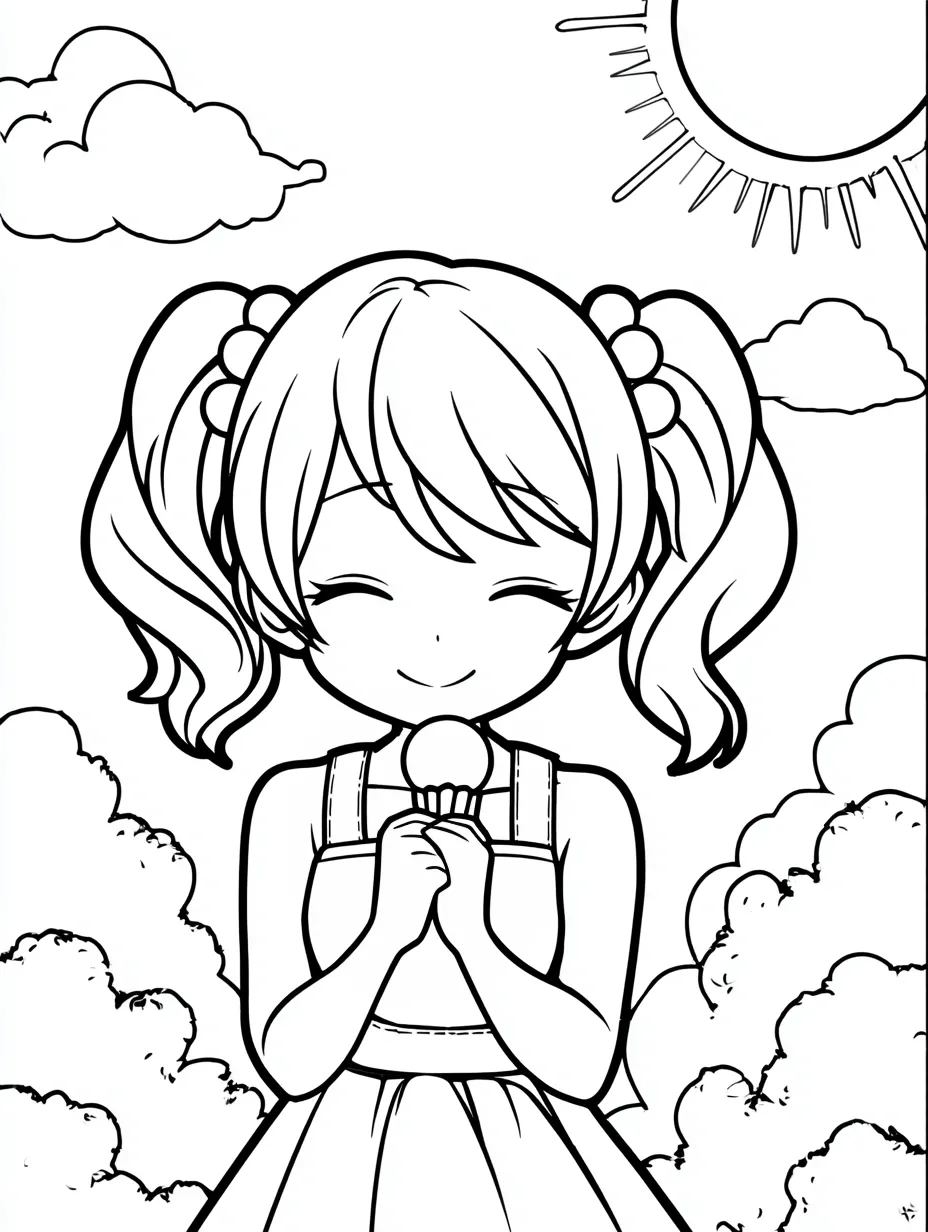 かわいい塗り絵：アイスと笑顔の女の子｜アイスを手にしたツインテールの女の子が、背景の雲や太陽に囲まれ明るく元気な雰囲気のかわいい塗り絵。