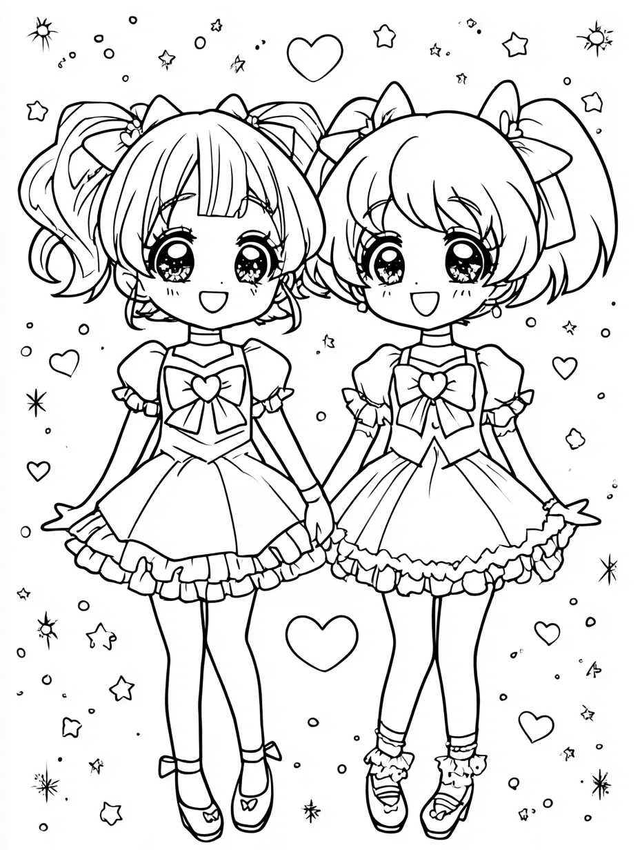 かわいい塗り絵：仲良しツインガールズ｜おそろいのリボンとドレスを着た二人の女の子が手をつなぐシーン。背景にはハートや星が舞い、まさに王道のかわいい塗り絵。