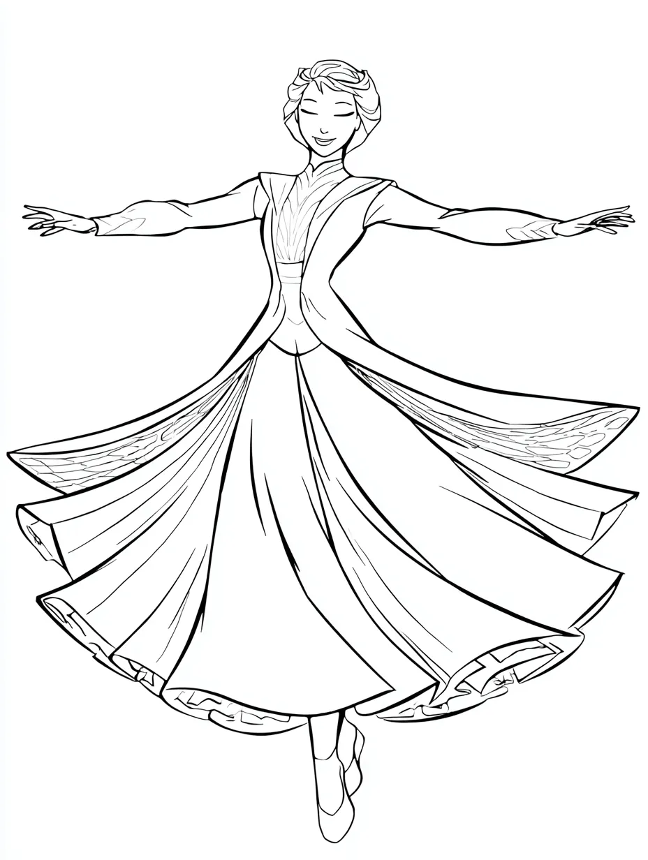 回転するドレスの塗り絵プリンセス｜ドレスをなびかせて踊るようなポーズが印象的。シンプルでバランスの良い線画が魅力の、動きを感じさせる塗り絵プリンセスです。