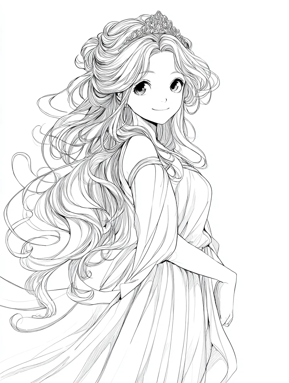 微笑む髪長プリンセスの塗り絵プリンセス｜ティアラとドレープのある衣装、風になびく豊かな髪が優雅な雰囲気を演出。繊細な線で描かれたファンタジー調の塗り絵プリンセスです。