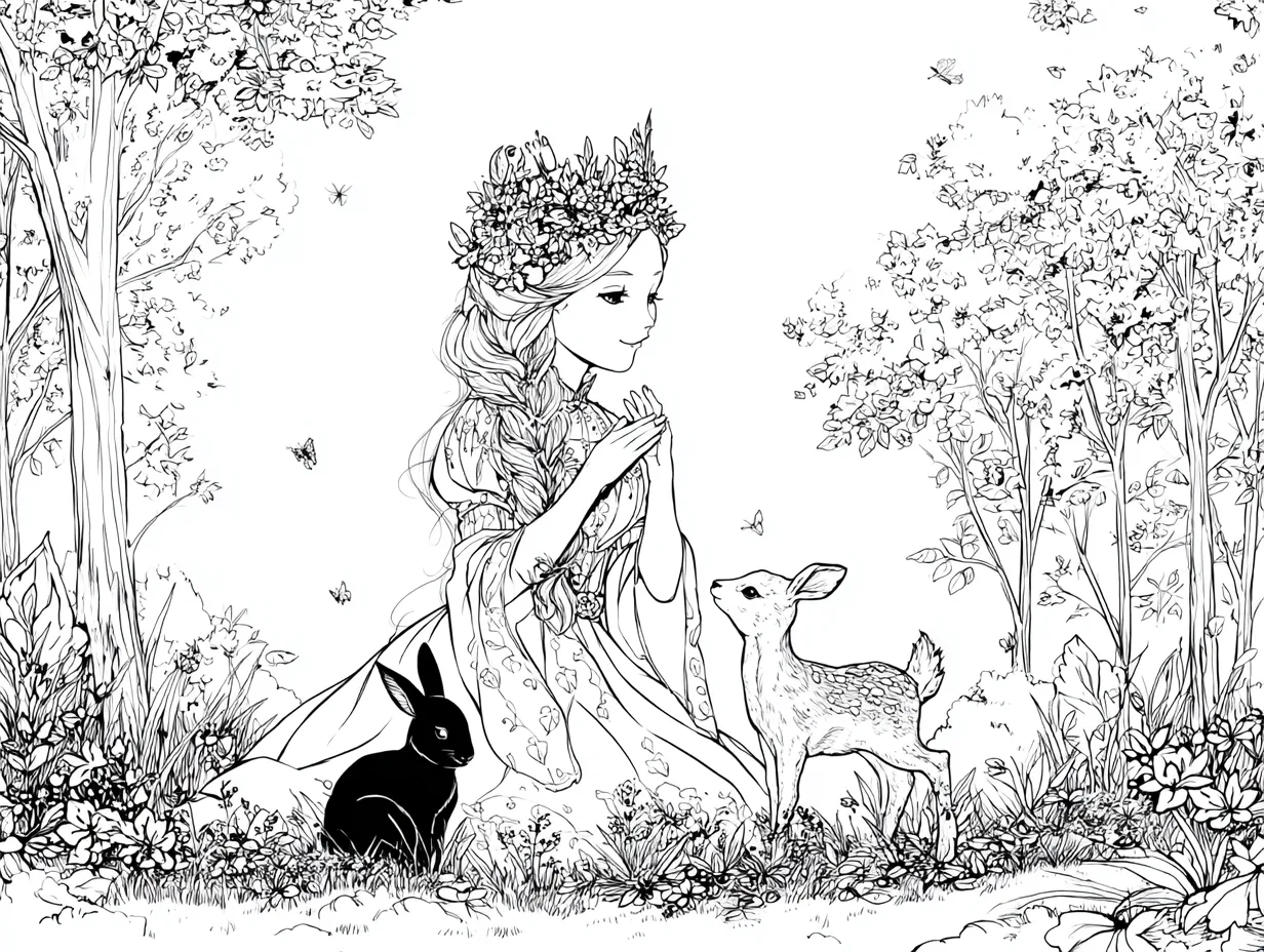 森のどうぶつと塗り絵プリンセス｜花冠をつけたプリンセスが動物たちと優しく語らう自然の一場面。細密な背景と柔らかな表情が心を和ませる塗り絵プリンセスです。