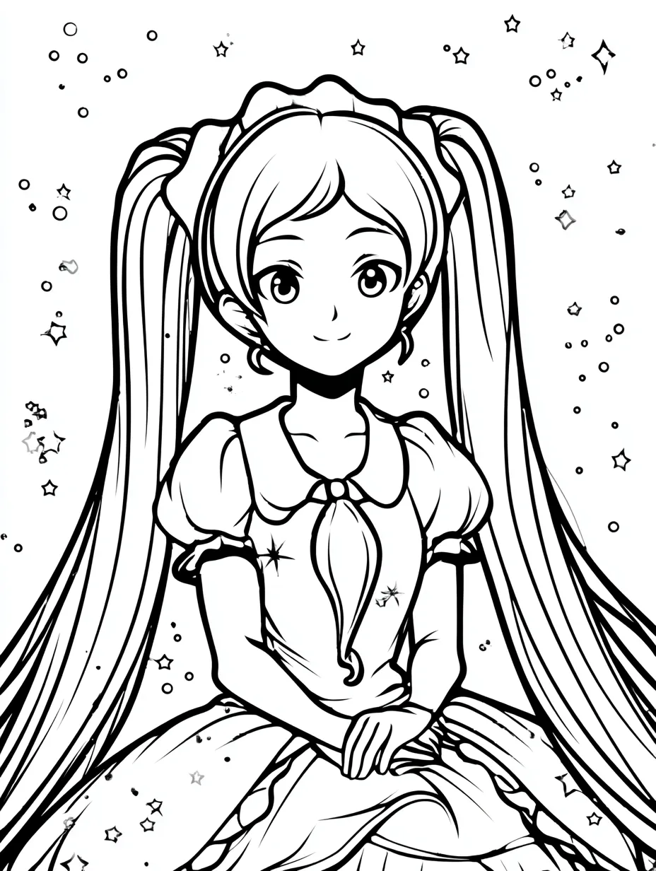 星とロングツインテールの塗り絵プリンセス｜ツインテールの少女が中央に座るファンタジックなデザイン。背景の星々が夢の世界を演出する、ポップな塗り絵プリンセスです。