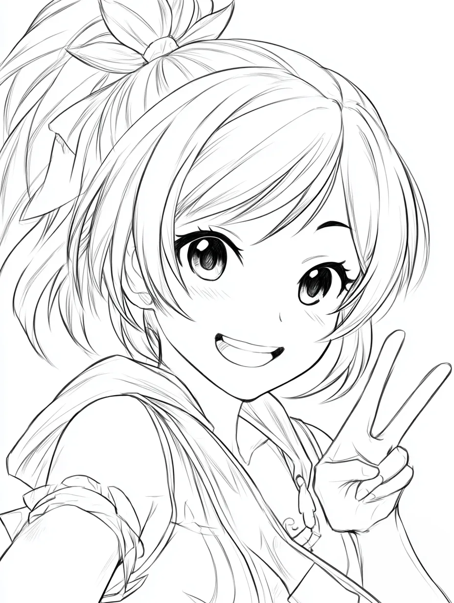 塗り絵 線画｜ピースサインの元気少女｜リボンで結んだ髪と笑顔でピースする元気な少女が中心。軽やかな線と躍動感のある構図で、表情豊かな「塗り絵 線画」としてポジティブな気分にさせてくれるスタイル。