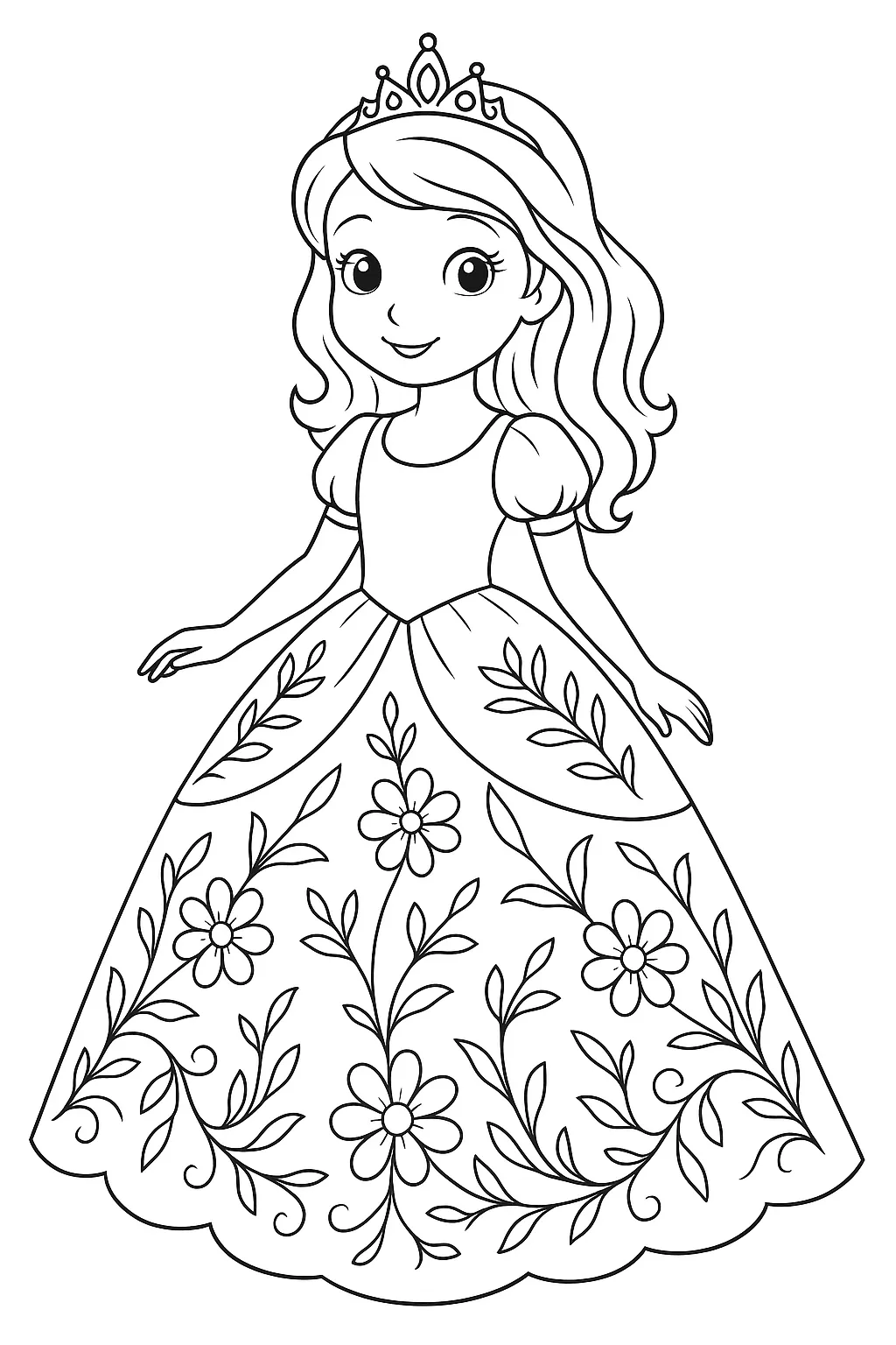 お花模様の塗り絵ドレスを着た女の子｜スカート全体に繊細な花と葉の模様が描かれており、自然の優しさと華やかさを感じられます。ディズニースタイル風の目が印象的で、線が太めで扱いやすい塗り絵ドレスです。