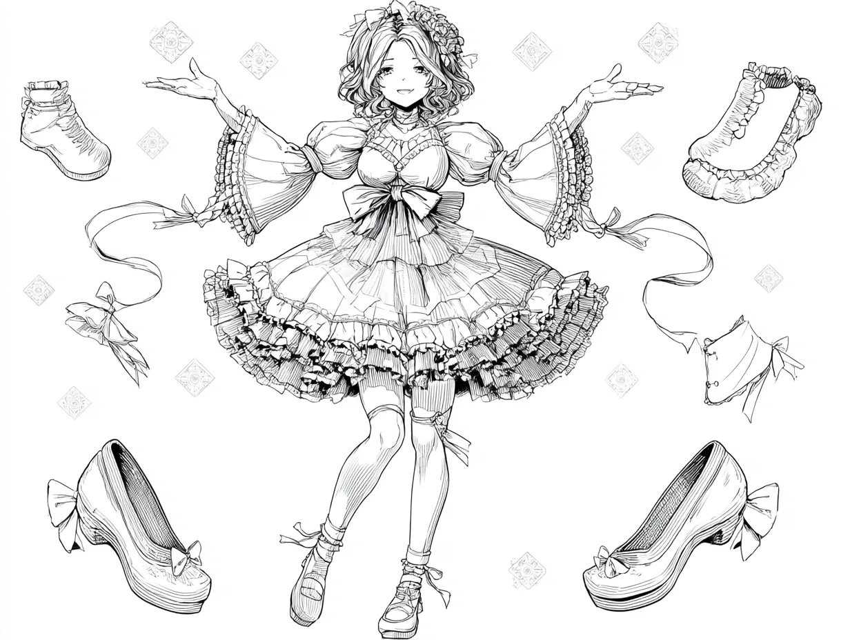 ロリータ風の塗り絵ドレスとアクセサリー｜フリルとリボンが幾重にも重なったゴシック＆ロリータ調の豪華な衣装で、靴やカチューシャなど小物も含まれます。線は緻密で、繊細な塗りを楽しめる塗り絵ドレスです。