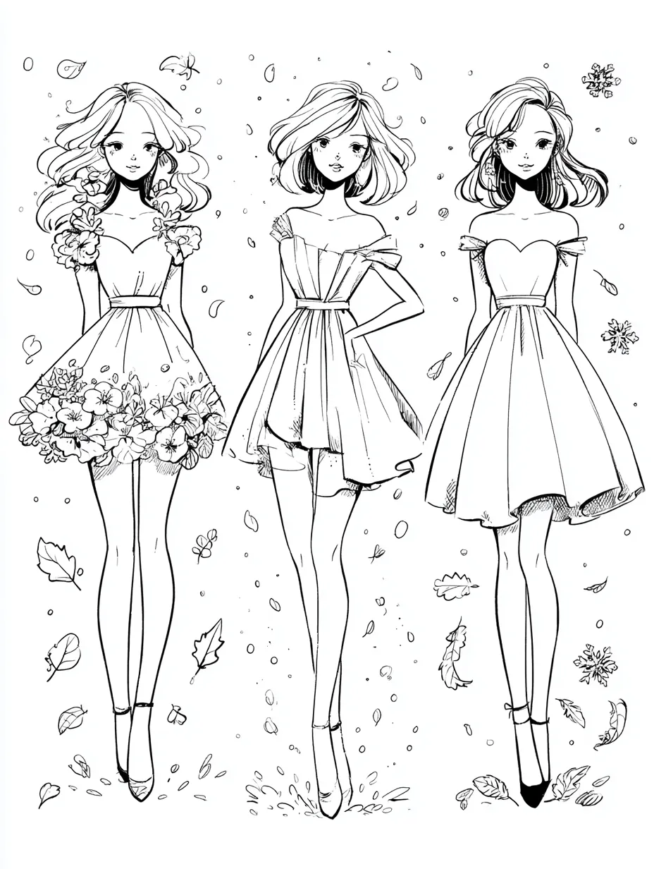ファッションモデル風の塗り絵ドレス三姉妹｜季節感ある背景とともに、ショートドレスを着こなす3人の女の子が並びます。スタイリッシュでファッショナブルな印象を与える塗り絵ドレスです。