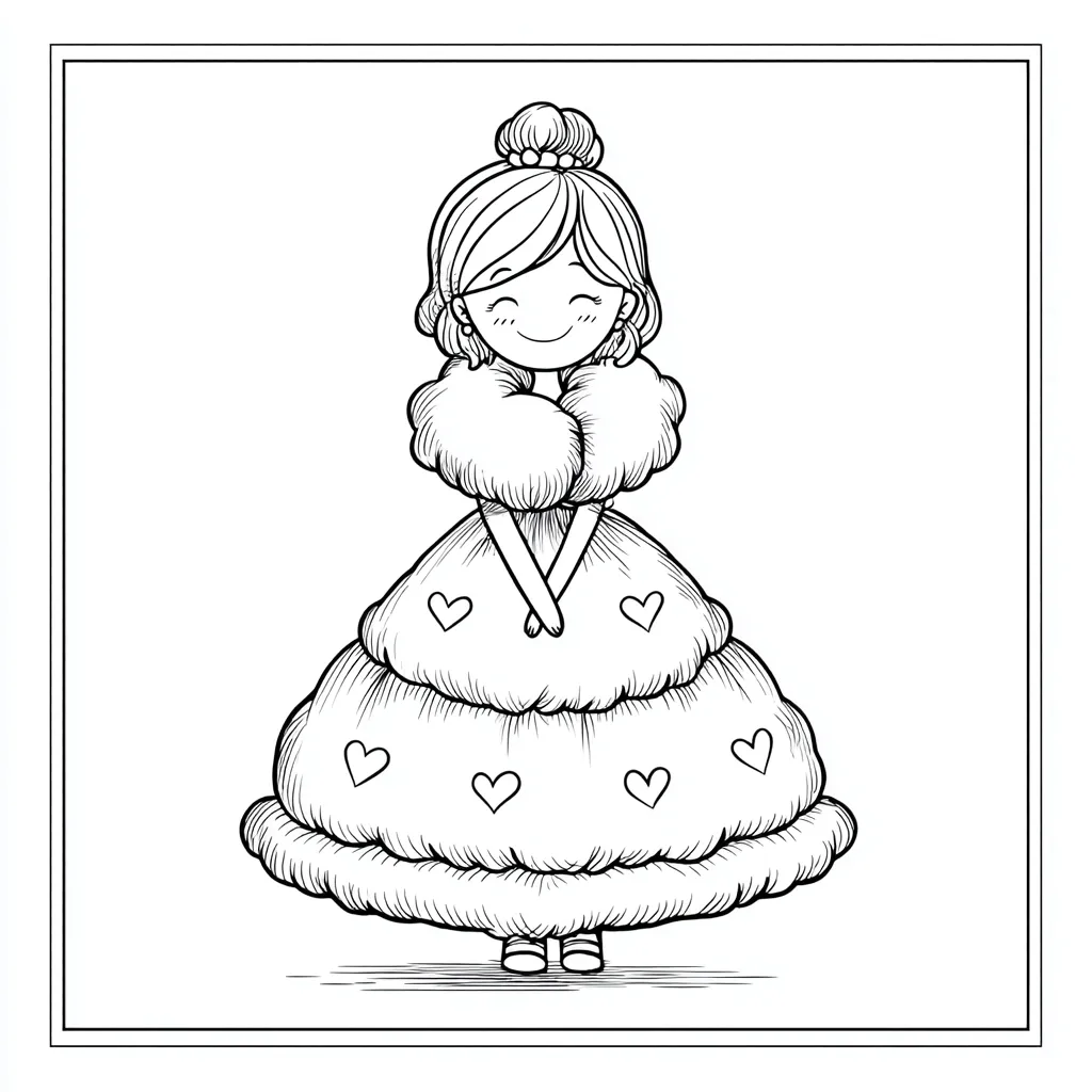 冬のぬくもり塗り絵ドレスの女の子｜ファーの襟と袖、丸みのあるフォルムが温かみを感じさせるデザインです。微笑む女の子が静かに立つ、冬向けのやさしい塗り絵ドレスです。